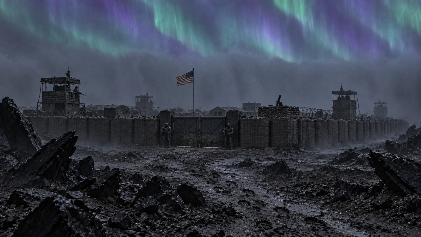 Boot tracks cross fractured black rock toward FOB Martin's fortified west gate. Armored guards, HESCO walls, concertina wire and corner towers sit beneath a U.S. flag, a dense fog wall and dim blue, purple and green aurora.